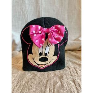 Disney‎ Girls OS Black MINNIE MOUSE Knit Hat Pink Polka Dot Bow kids winter cap